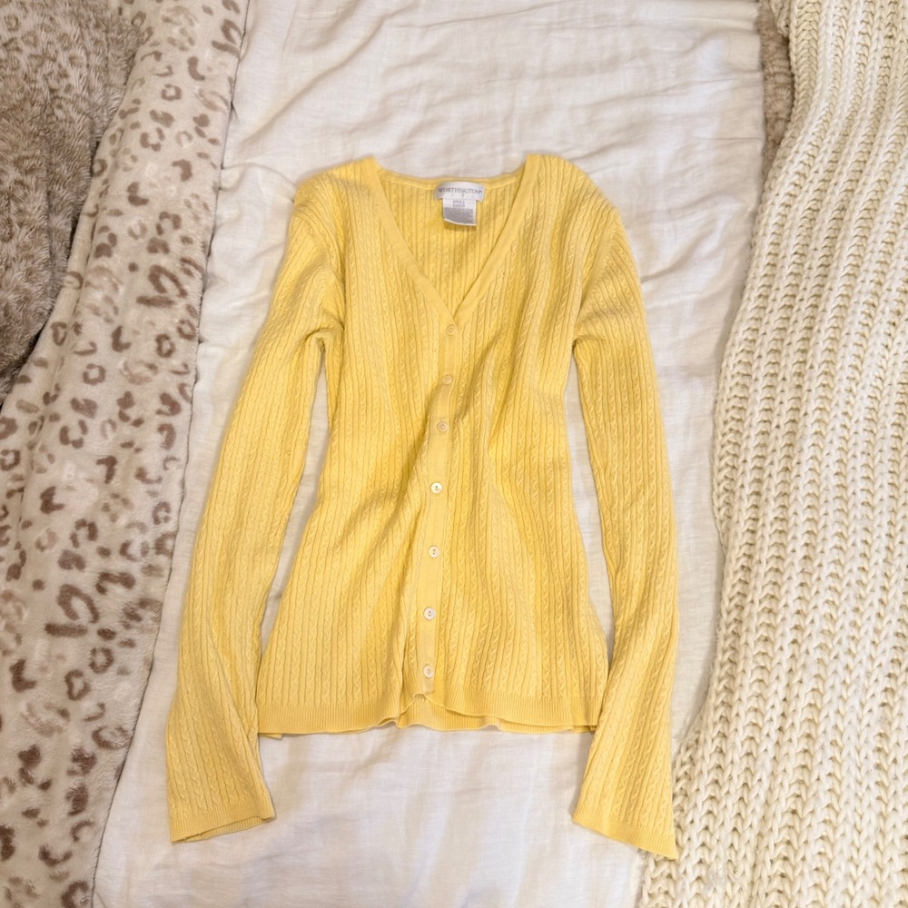 Worthington Yellow Cable Knit Cardigan Sweater Womens Small V-Neck Button Front